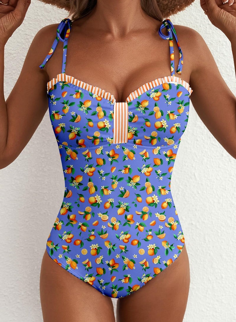 Herseas Women One Piece Swimsuit High Cut Adjustable Tie Shoulders Stretchy Push Up Tummy Control Bathing Suit Romantic Beach Vacation Essentials Light Navy Citrus Print X-Large - Image 2