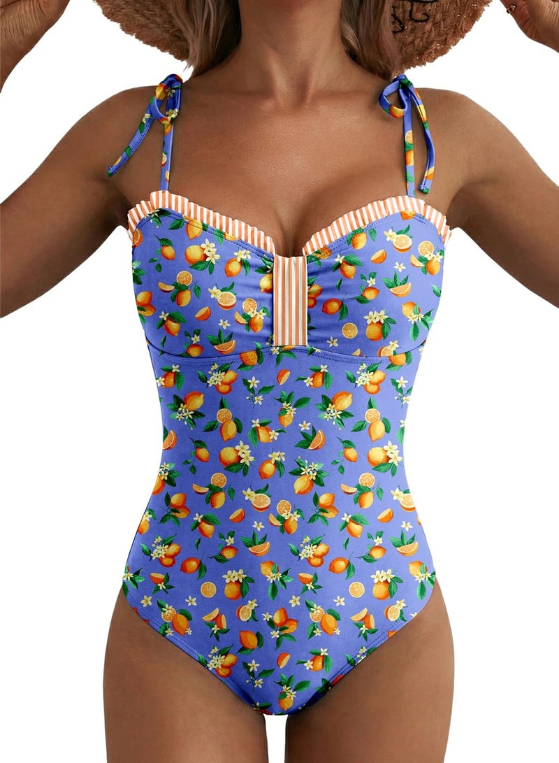 Herseas Women One Piece Swimsuit High Cut Adjustable Tie Shoulders Stretchy Push Up Tummy Control Bathing Suit Romantic Beach Vacation Essentials Light Navy Citrus Print X-Large - Image 1