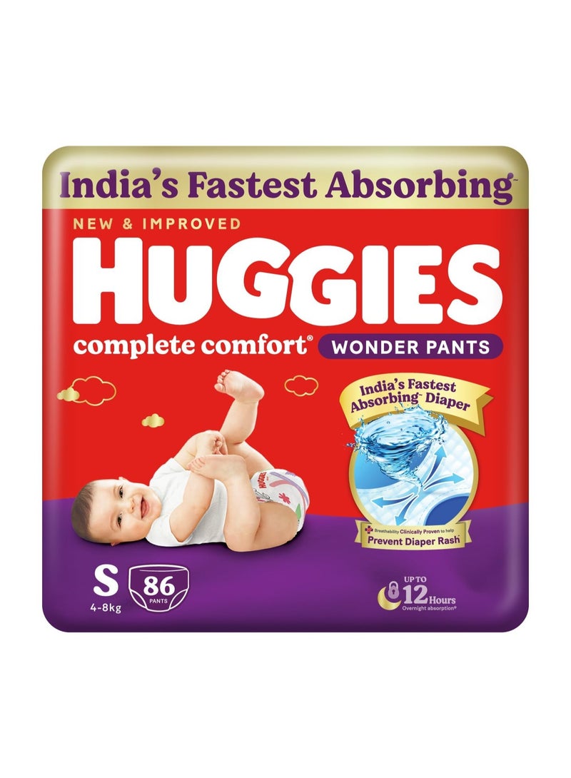 Huggies Complete Comfort Wonder Pants | Pant Style Baby Diapers Small Size (S), 86 Count | India's Fastest Absorbing Diaper, Prevents Diaper Rash, Ideal for 4 to 8 Kgs - Image 1