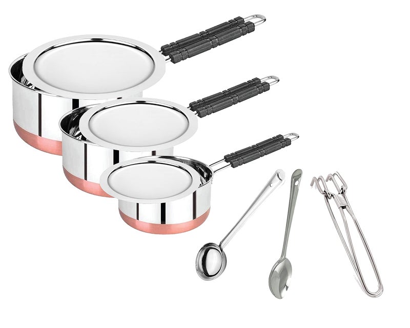 BLeaf Stainless Steel-Round Copper Bottom Tea Pan with Lid/Heavy Guage Tea Pan (Pack of 3) (1L, 1.5L, 2L) & 3 Pcs Ladle Set - Image 1
