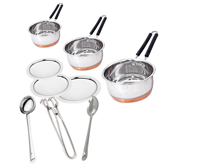 BLeaf Stainless Steel-Round Copper Bottom Tea Pan with Lid/Heavy Guage Tea Pan (Pack of 3) (1L, 1.5L, 2L) & 3 Pcs Ladle Set - Image 4