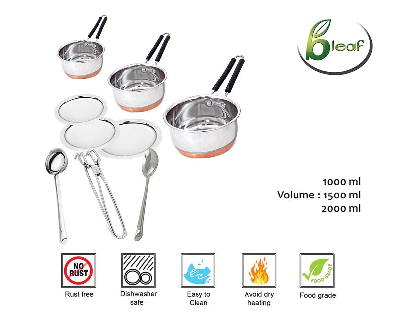BLeaf Stainless Steel-Round Copper Bottom Tea Pan with Lid/Heavy Guage Tea Pan (Pack of 3) (1L, 1.5L, 2L) & 3 Pcs Ladle Set - Image 5