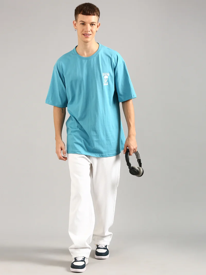 Joven Men Sky Blue Printed Pure Cotton Oversized T-Shirt