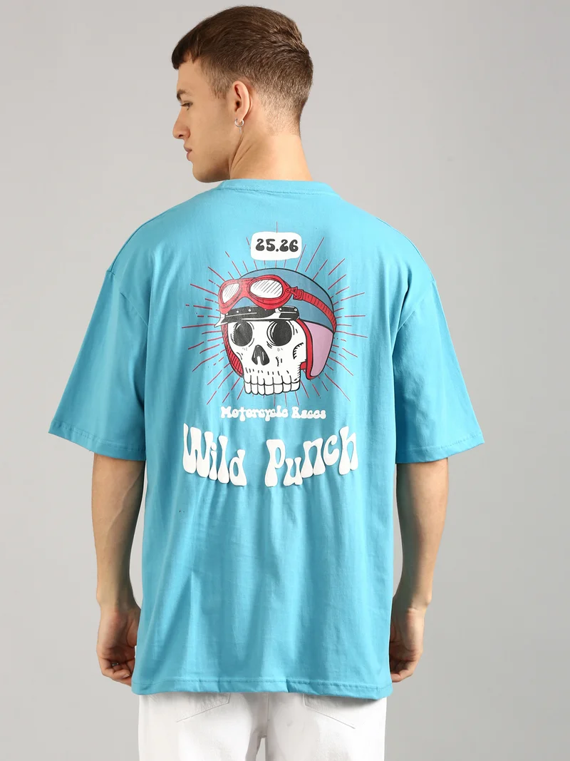 Joven Men Sky Blue Printed Pure Cotton Oversized T-Shirt
