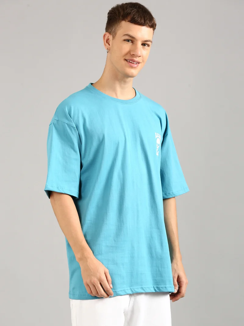 Joven Men Sky Blue Printed Pure Cotton Oversized T-Shirt
