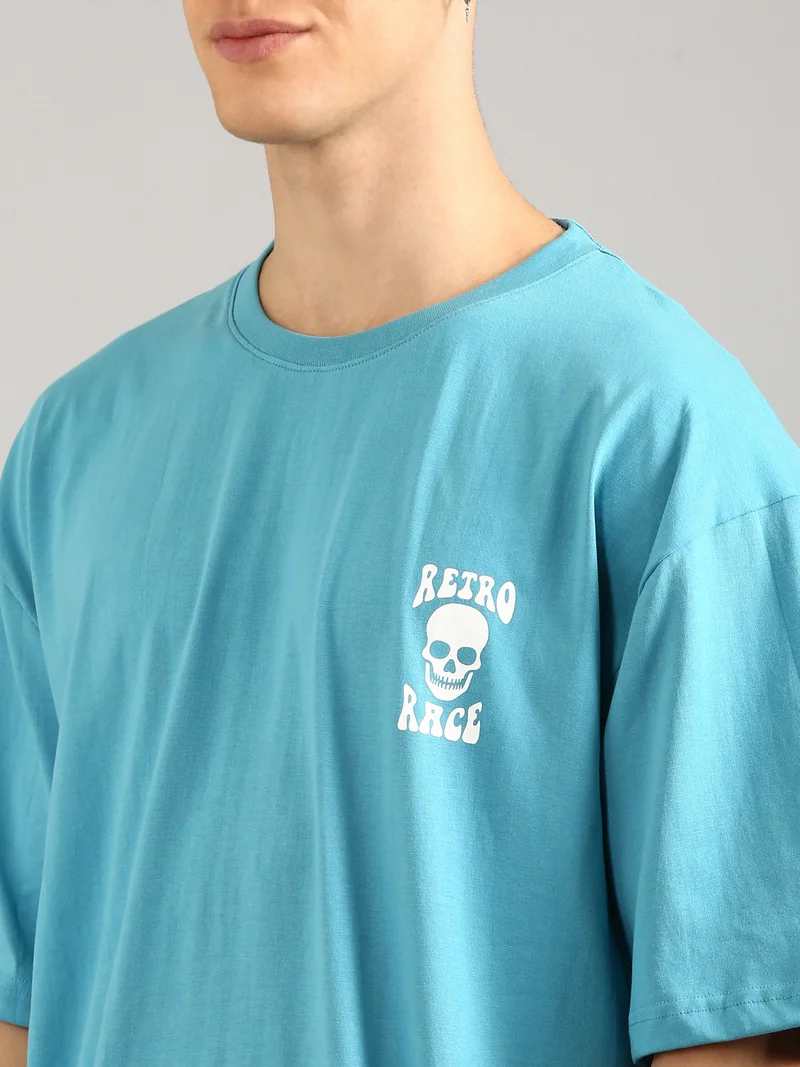 Joven Men Sky Blue Printed Pure Cotton Oversized T-Shirt