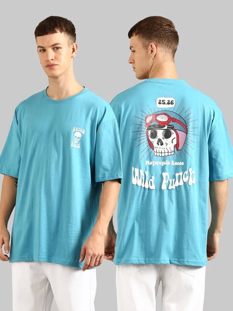 Joven Men Sky Blue Printed Pure Cotton Oversized T-Shirt