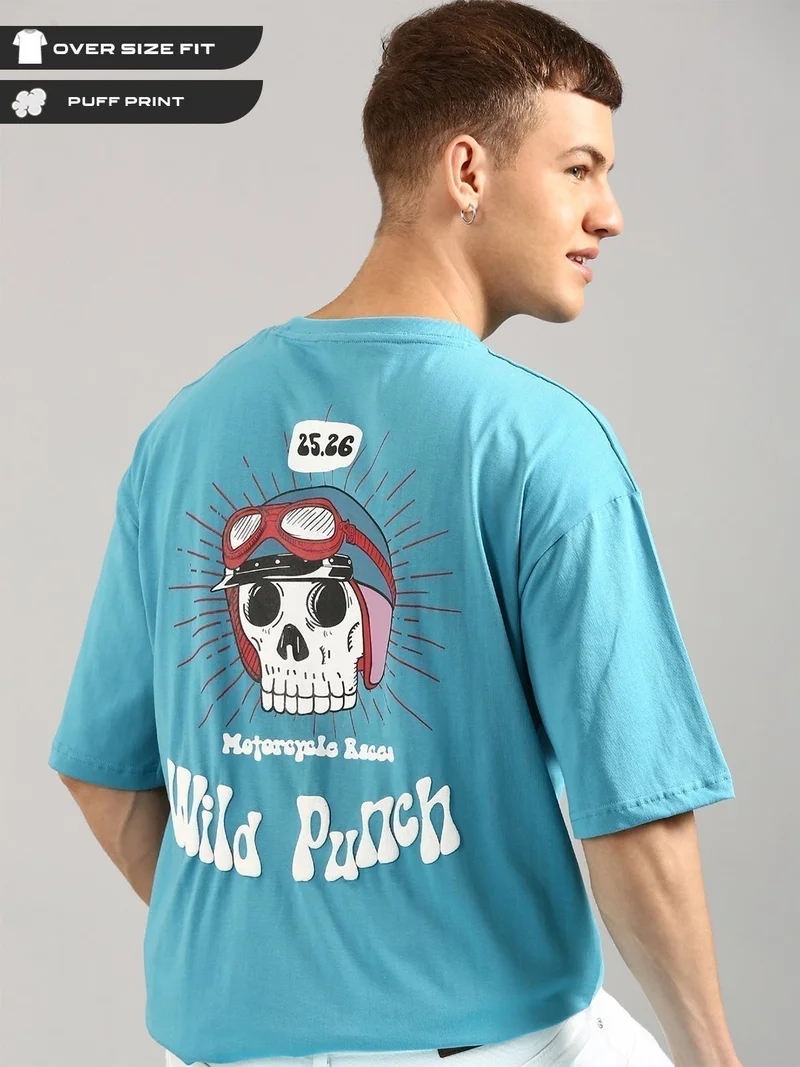 Joven Men Sky Blue Printed Pure Cotton Oversized T-Shirt