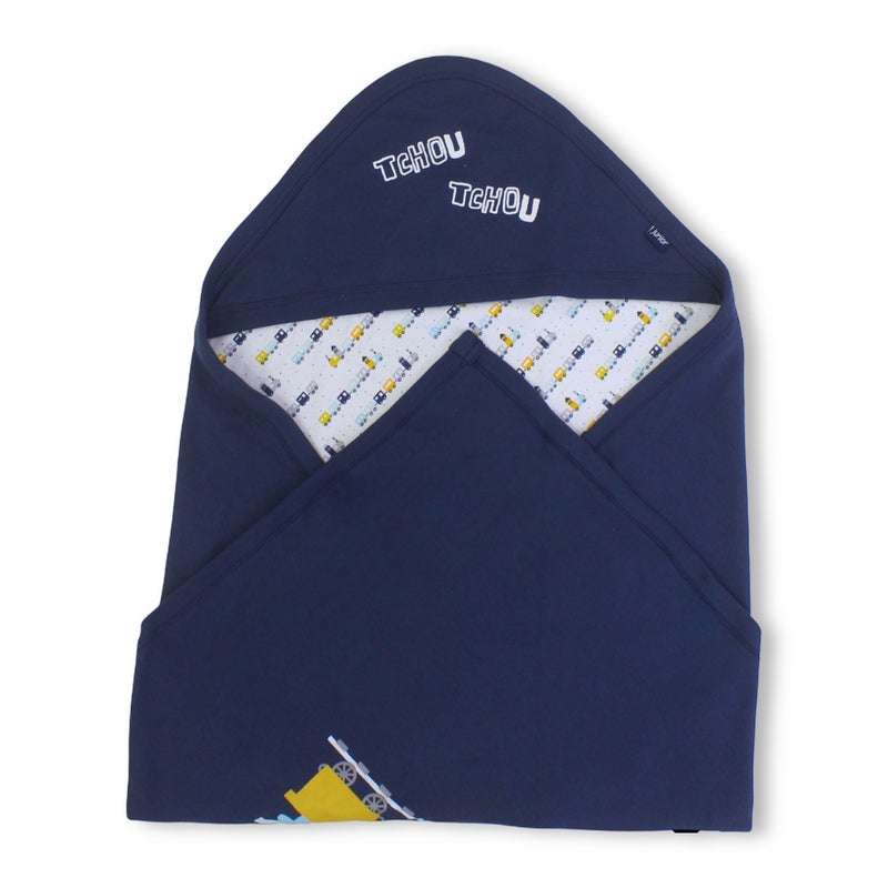 Junior Cotton Baby Blanket – Navy & Off-White with Train “Tchou Tchou” Design - Image 1