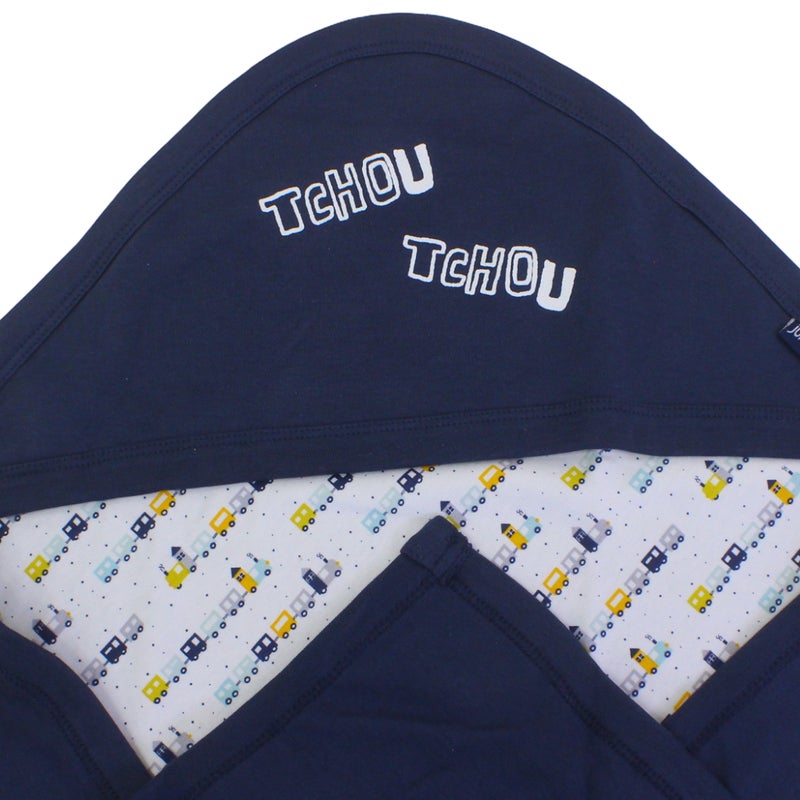 Junior Cotton Baby Blanket – Navy & Off-White with Train “Tchou Tchou” Design - Image 2