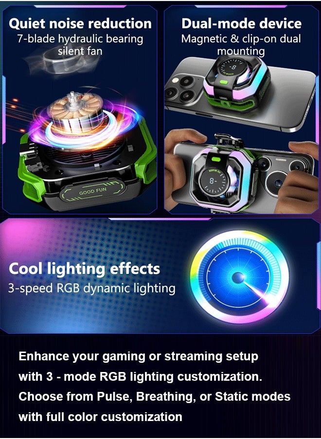 Sahramart Phone Cooler with RGB Light,for Gaming Magnetic Back Clip Dual Purpose Phone Cooling Fan Digital display temperature Mobile Cooling Fan without Noise for Playing Games Tiktok for Universal iPhone/Android Smartphone/Pad