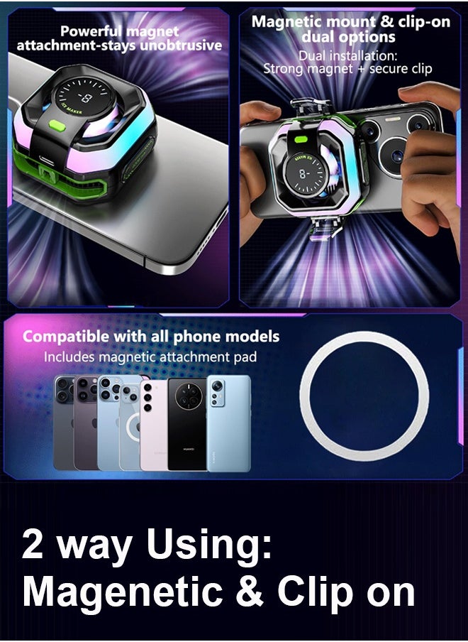 Sahramart Phone Cooler with RGB Light,for Gaming Magnetic Back Clip Dual Purpose Phone Cooling Fan Digital display temperature Mobile Cooling Fan without Noise for Playing Games Tiktok for Universal iPhone/Android Smartphone/Pad