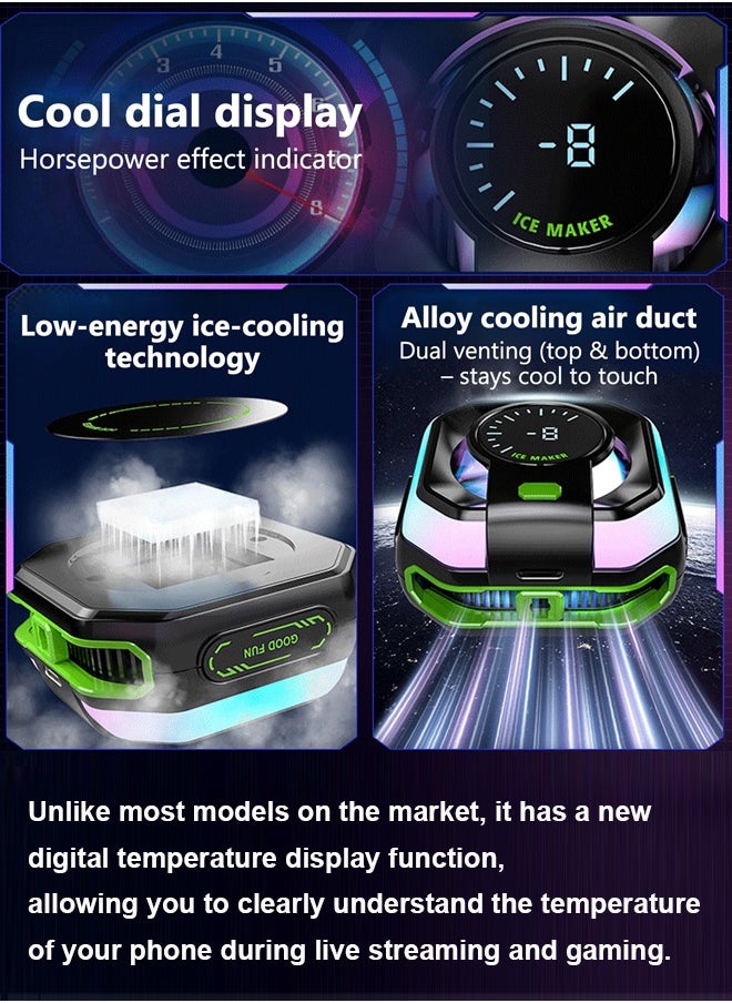 Sahramart Phone Cooler with RGB Light,for Gaming Magnetic Back Clip Dual Purpose Phone Cooling Fan Digital display temperature Mobile Cooling Fan without Noise for Playing Games Tiktok for Universal iPhone/Android Smartphone/Pad