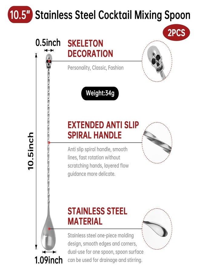 eispap 2Pcs 10.5 inches 3D Skull Curvy Design with bar Cocktail Spoon Stainless Steel Bar Tool Bar Accessories Bar Spoon Long Spoon Cocktail Mixer (2) - Image 2