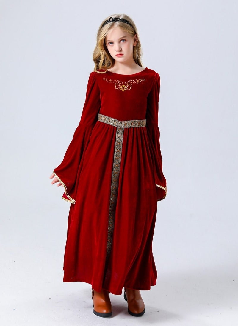  ﻿ Girls Medieval Princess Dress - Red Velvet Long Sleeve Gown with Gold Embroidery & Belt, Renaissance Cosplay Costume for Kids, Halloween Royal Fancy Dress for Stage Play & Themed Parties - Image 5