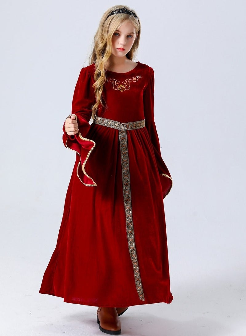  ﻿ Girls Medieval Princess Dress - Red Velvet Long Sleeve Gown with Gold Embroidery & Belt, Renaissance Cosplay Costume for Kids, Halloween Royal Fancy Dress for Stage Play & Themed Parties - Image 1
