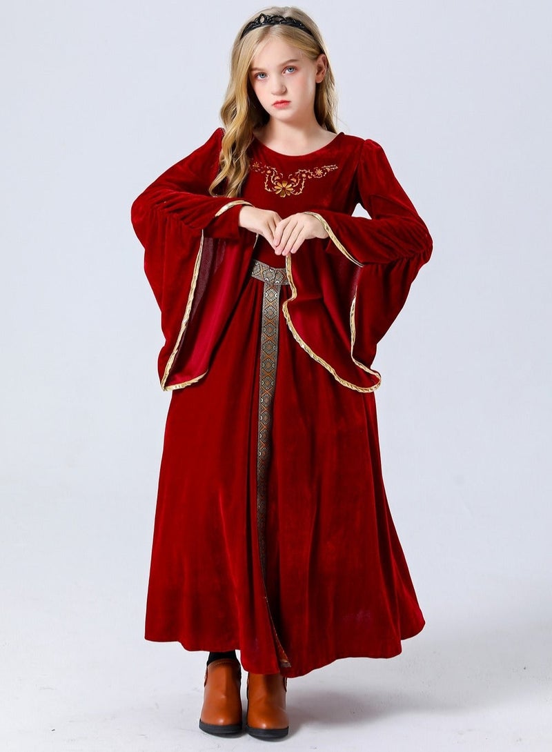  ﻿ Girls Medieval Princess Dress - Red Velvet Long Sleeve Gown with Gold Embroidery & Belt, Renaissance Cosplay Costume for Kids, Halloween Royal Fancy Dress for Stage Play & Themed Parties - Image 3