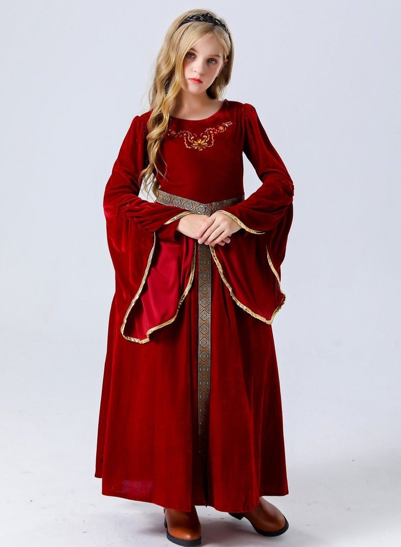  ﻿ Girls Medieval Princess Dress - Red Velvet Long Sleeve Gown with Gold Embroidery & Belt, Renaissance Cosplay Costume for Kids, Halloween Royal Fancy Dress for Stage Play & Themed Parties - Image 4