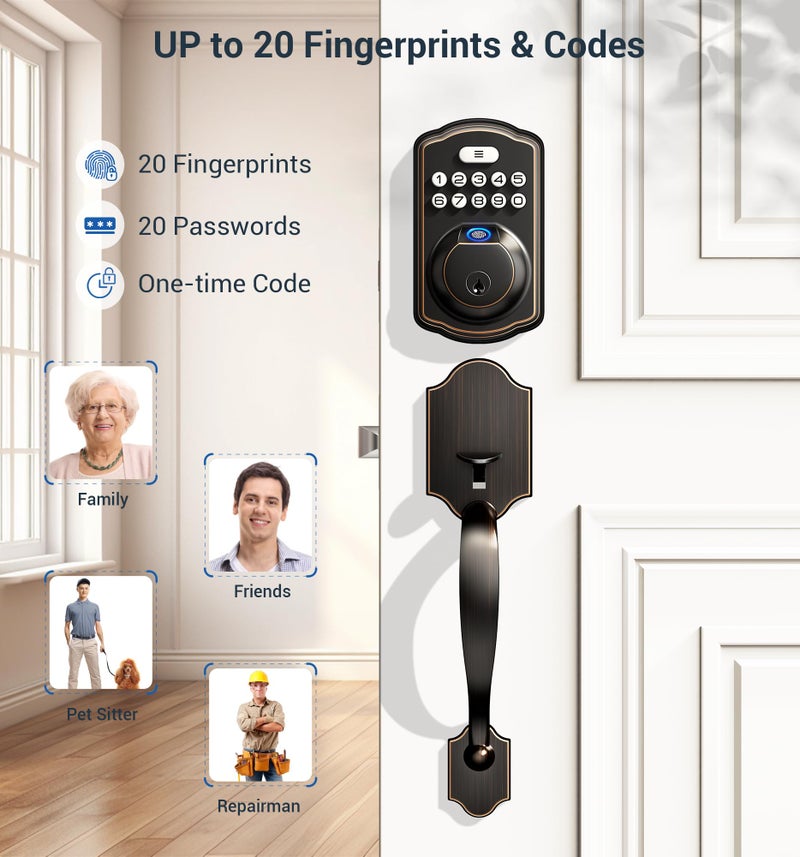 Veise Fingerprint Door Lock Set, Keyless Entry Door Lock, Front Handle Set, Electronic Keypad Deadbolt with Lever Handle, 2 Keys, Auto-Locking, One-time Codes, Easy to Install, Oil Rubbed Bronze - Image 3