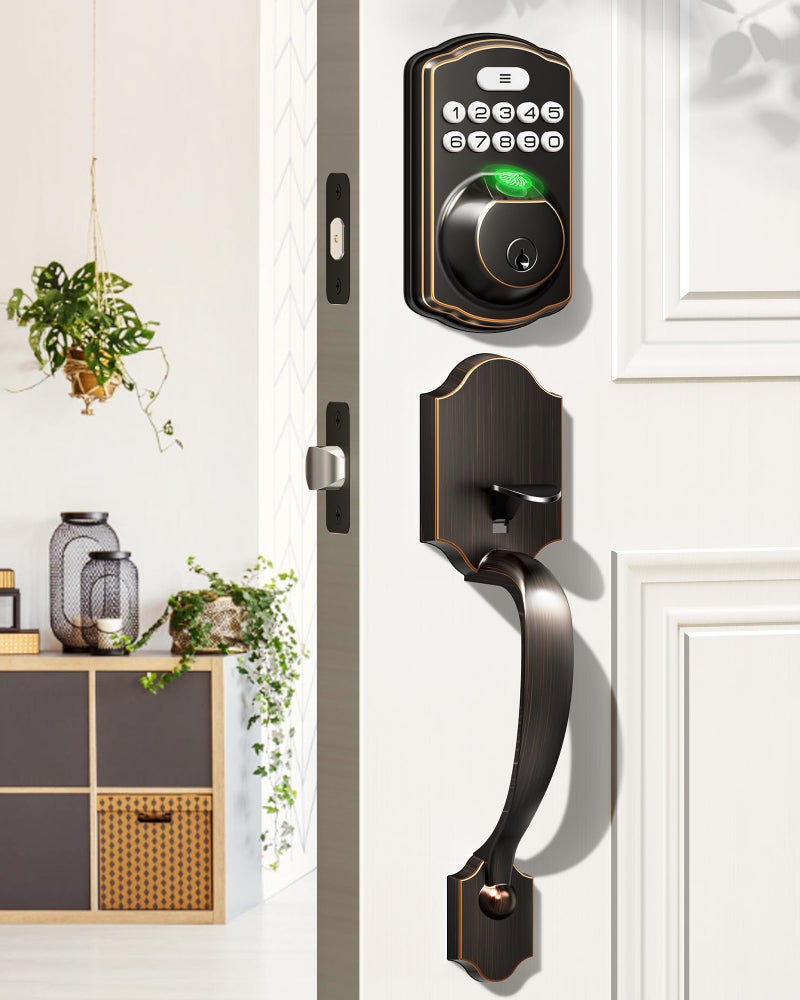 Veise Fingerprint Door Lock Set, Keyless Entry Door Lock, Front Handle Set, Electronic Keypad Deadbolt with Lever Handle, 2 Keys, Auto-Locking, One-time Codes, Easy to Install, Oil Rubbed Bronze - Image 1