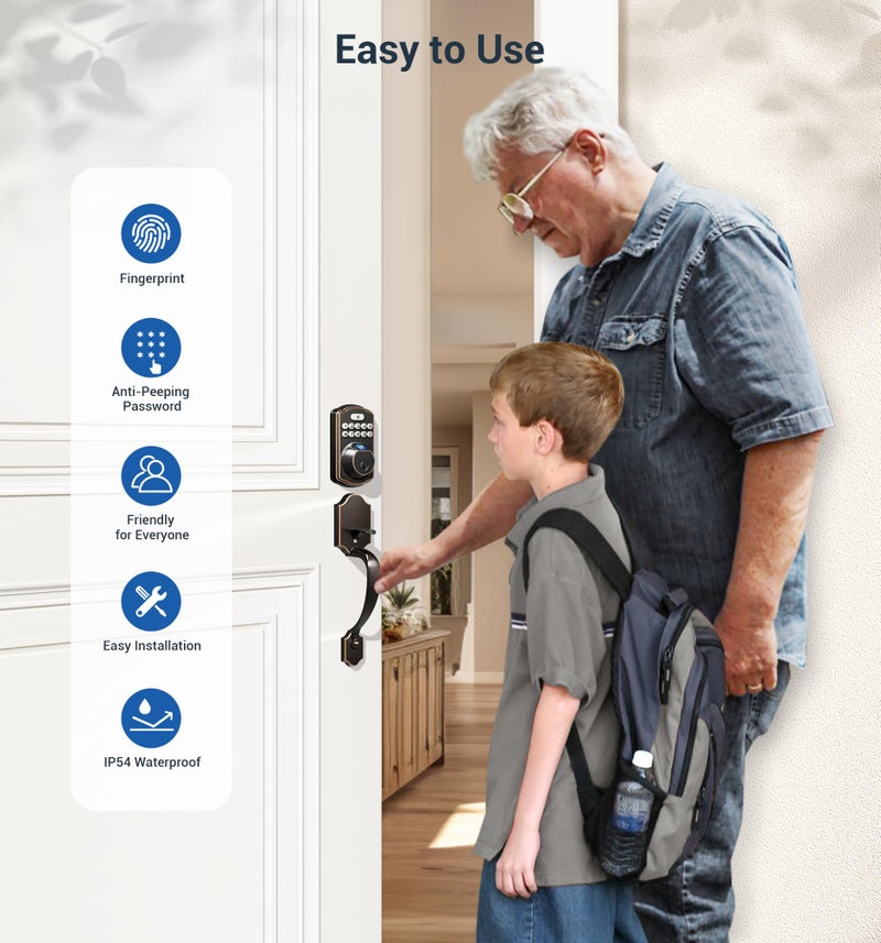 Veise Fingerprint Door Lock Set, Keyless Entry Door Lock, Front Handle Set, Electronic Keypad Deadbolt with Lever Handle, 2 Keys, Auto-Locking, One-time Codes, Easy to Install, Oil Rubbed Bronze - Image 5