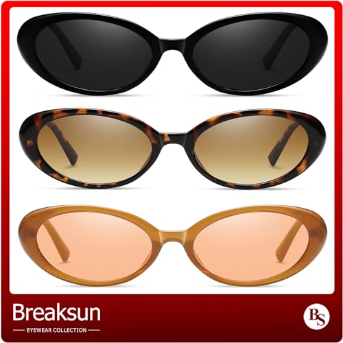 Breaksun Retro Oval Sunglasses for Women Men Fashion Small Oval Sunglasses 90s Vintage Shades (Black/Grey+ Leopard+Brown/Brown) - Image 2