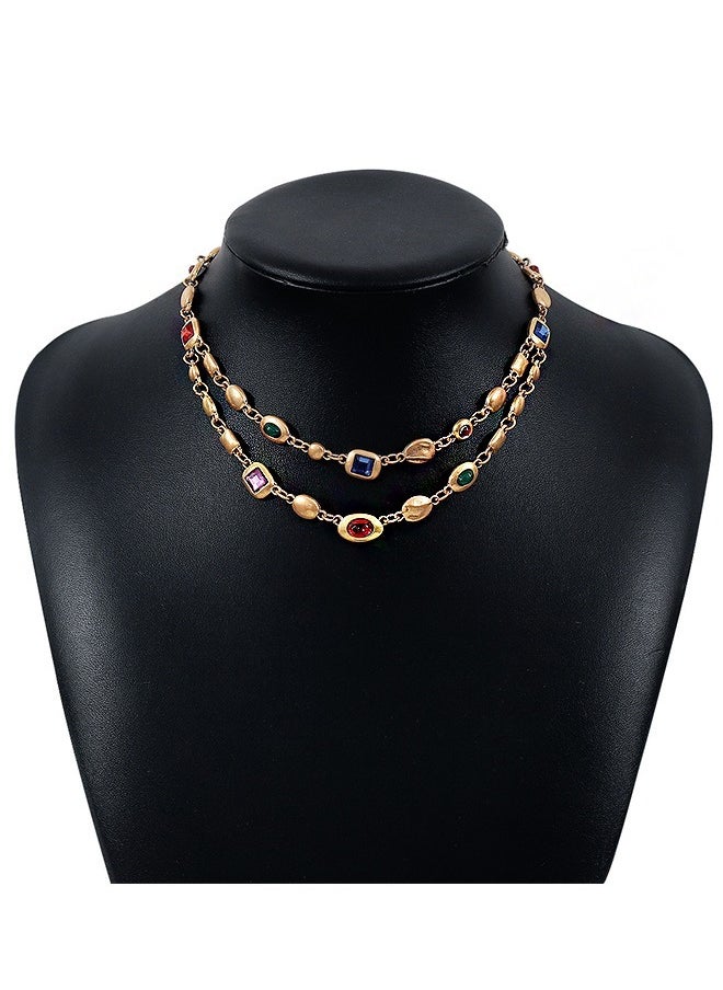 Beyond Retro Double Gemstone Necklace, Anti Rust and Anti Fading 14k Gold Plated Necklace, Fashion Jewelry Gift (Golden)  - Image 2