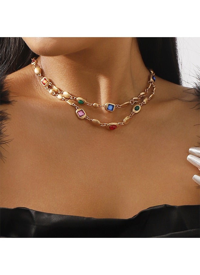 Beyond Retro Double Gemstone Necklace, Anti Rust and Anti Fading 14k Gold Plated Necklace, Fashion Jewelry Gift (Golden)  - Image 1