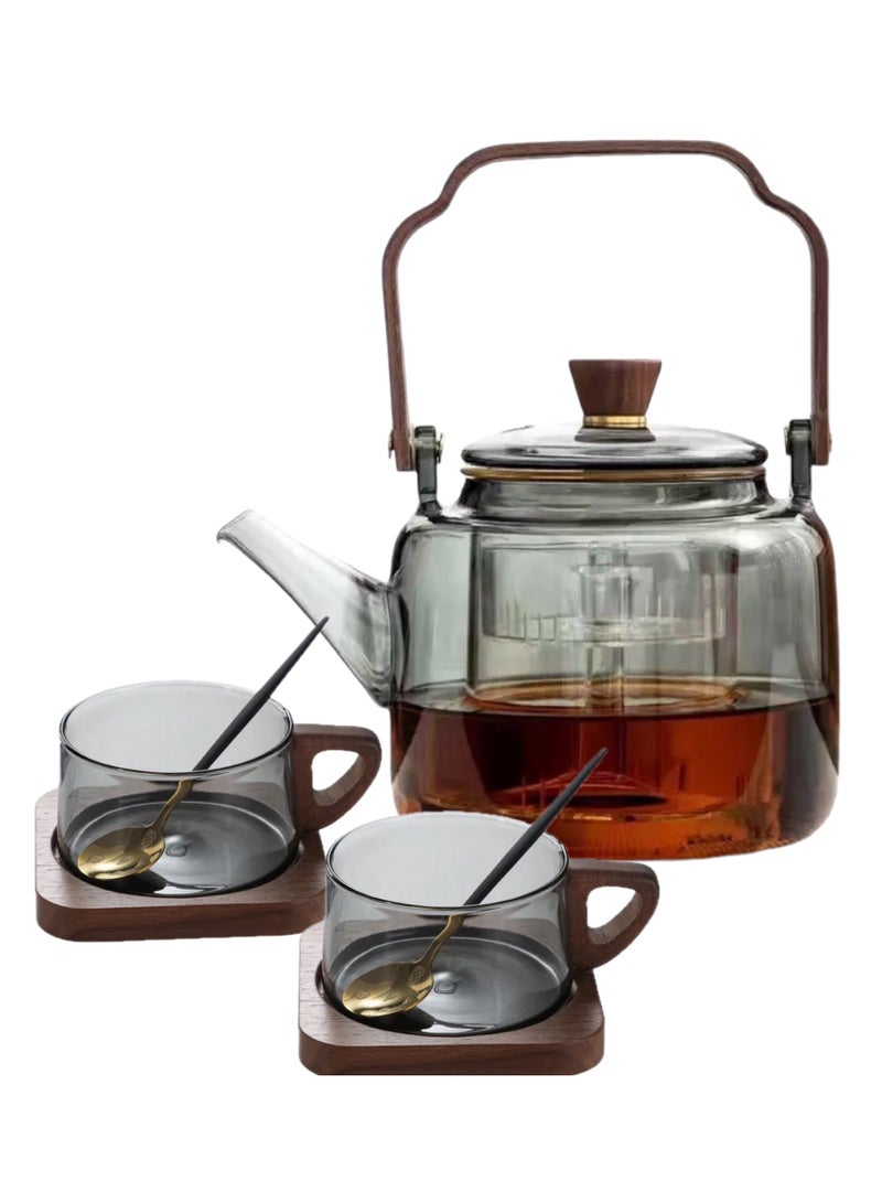 Glass Teapot with Wooden Handle, 2 Cups, Stainless Steel Spoon, and Wooden Coaster, Stovetop Safe Tea Kettle with Removable Infuser for Blooming and Loose Leaf Tea, 1200 ML  - Image 1