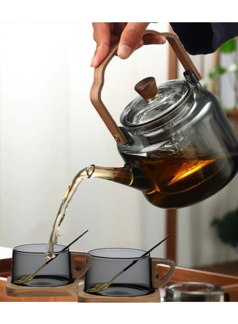 Glass Teapot with Wooden Handle, 2 Cups, Stainless Steel Spoon, and Wooden Coaster, Stovetop Safe Tea Kettle with Removable Infuser for Blooming and Loose Leaf Tea, 1200 ML  - Image 3