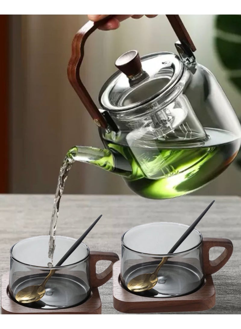 Glass Teapot with Wooden Handle, 2 Cups, Stainless Steel Spoon, and Wooden Coaster, Stovetop Safe Tea Kettle with Removable Infuser for Blooming and Loose Leaf Tea, 1200 ML  - Image 5