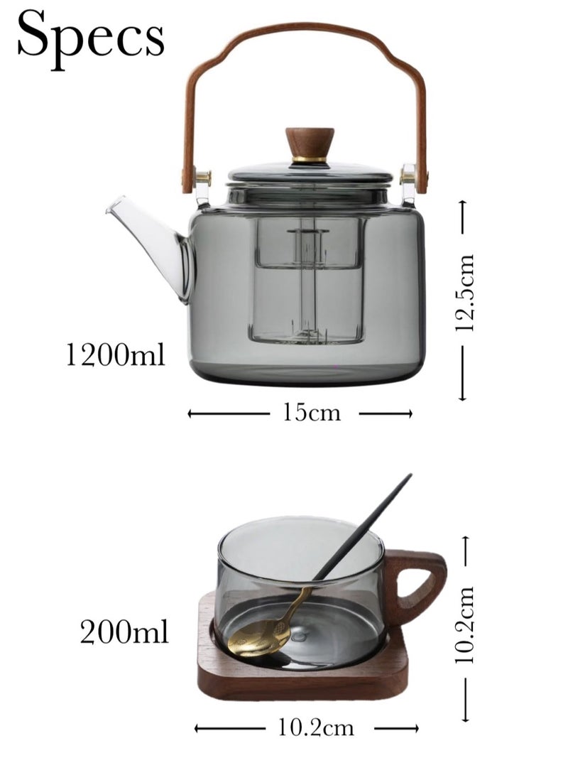 Glass Teapot with Wooden Handle, 2 Cups, Stainless Steel Spoon, and Wooden Coaster, Stovetop Safe Tea Kettle with Removable Infuser for Blooming and Loose Leaf Tea, 1200 ML  - Image 2