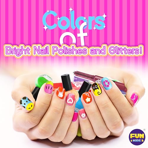 FUN KIDZ طقم أقلام طلاء الأظافر للفتيات من عمر 7 إلى 12 سنة - مجموعة أقلام طلاء الأظافر FunKidz - هدية للمراهقات - طقم استوديو فن الأظافر القابل للتقشير مع زينة أنثوية رائعة - لؤلؤ، لامع، ملصقات أظافر، مبرد، جواهر - Image 5