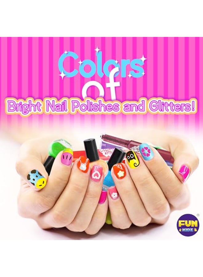 FUN KIDZ طقم أقلام طلاء الأظافر للفتيات من عمر 7 إلى 12 سنة - مجموعة أقلام طلاء الأظافر FunKidz - هدية للمراهقات - طقم استوديو فن الأظافر القابل للتقشير مع زينة أنثوية رائعة - لؤلؤ، لامع، ملصقات أظافر، مبرد، جواهر - Image 4