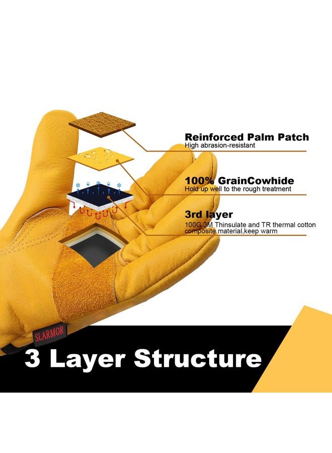 SLARMOR Mens Winter Leather Work Gloves, Warm Thinsulate Lining for Cold Weather Work, Thermal Insulated Work Gloves with Leather Palm,100 gram Insulation-M - Image 3