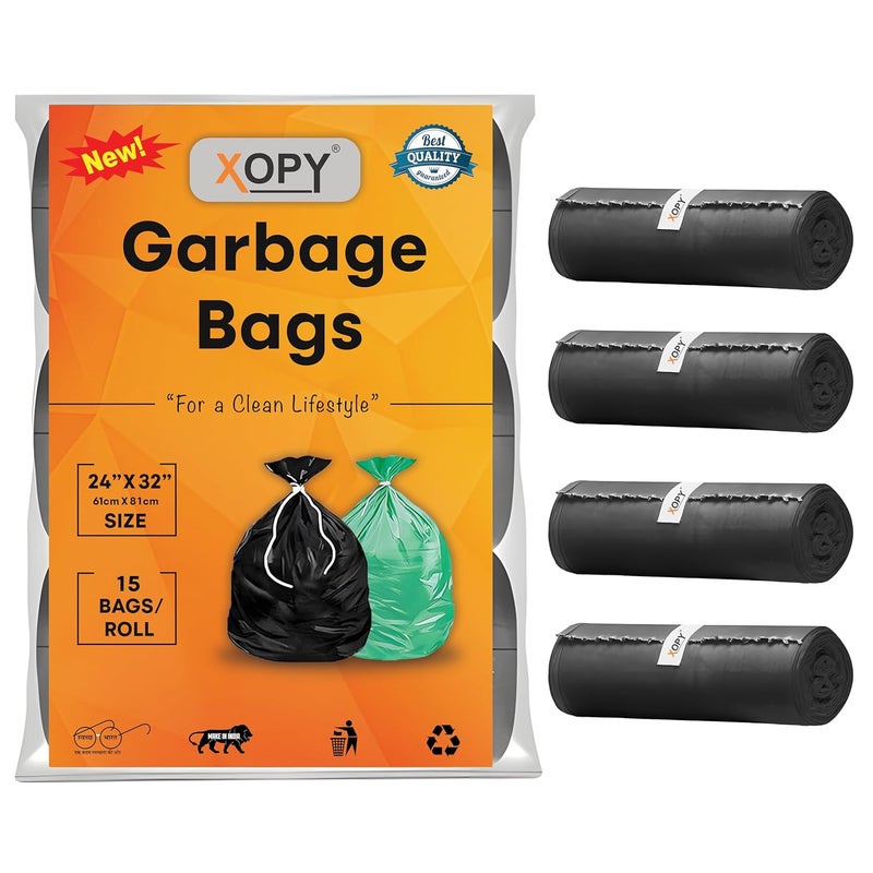 XOPY XOPY Premium EcoFriendly Garbage Bag 24 X 32 Inches Large Size Dustbin Bag Pack of 4 Rolls 60 Trash Bags Black Colour Waste Bag For Everyday Use Bin Bag For Dry Wet Waste Pouch Packing  - Image 1