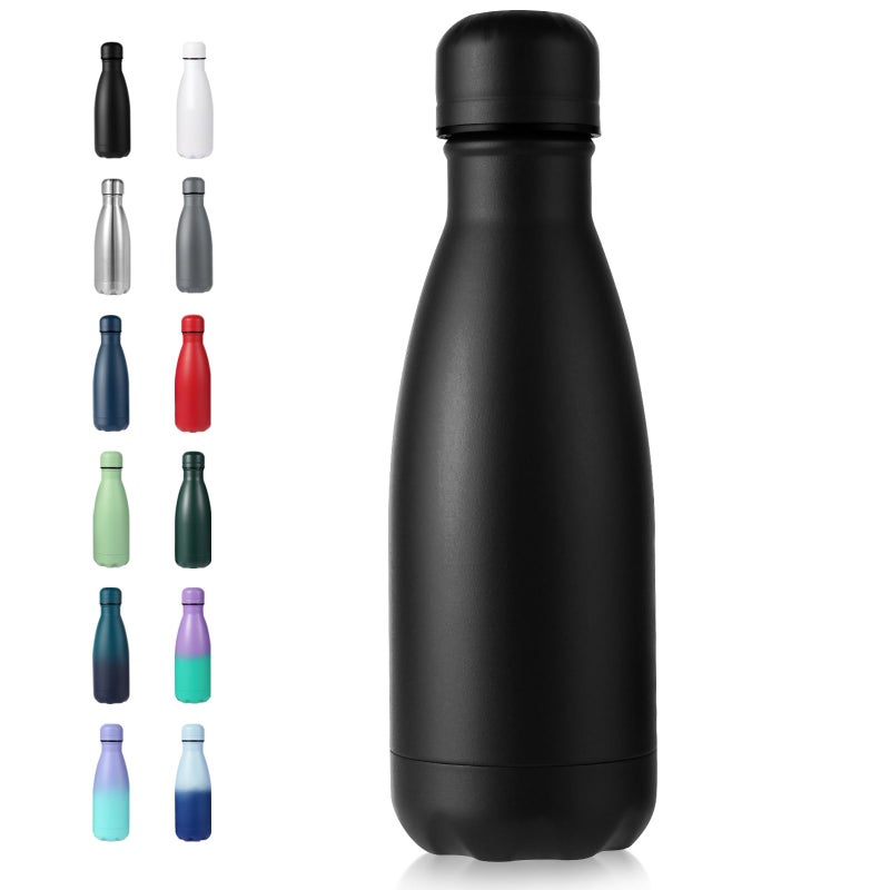 Volhoply 12oz Small Water Bottle Stainless Steel, BPA Free Insulated Water Bottles, Double Wall Cola Shape Flask, Keeps Cold 24 Hours and Hot 12 Hours for Kids Handbag (Black,1) - Image 1