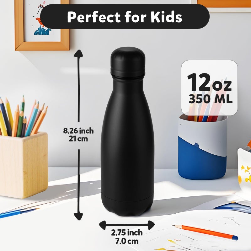 Volhoply 12oz Small Water Bottle Stainless Steel, BPA Free Insulated Water Bottles, Double Wall Cola Shape Flask, Keeps Cold 24 Hours and Hot 12 Hours for Kids Handbag (Black,1) - Image 2