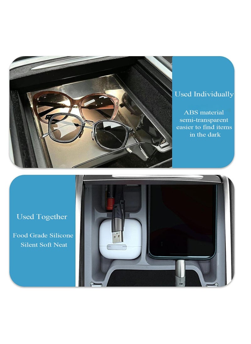 Excefore - Light Transmission Design Center Console Organizer Tray for 2021-2023 Tesla Model Y Model 3, Washable Silicone Liner Refresh Console Model 3 Model Y Accessories, 3 Compartments(Gray Trim) - Image 1