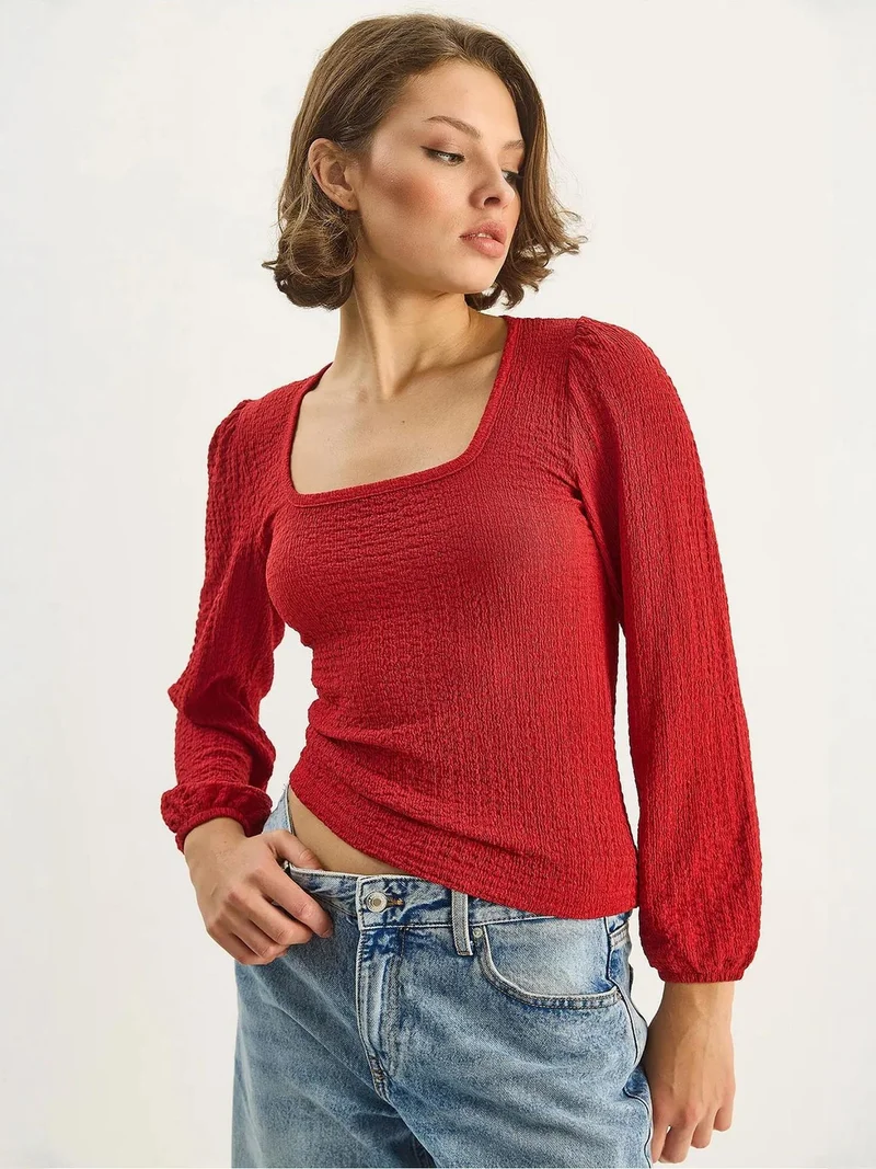 Bianco Lucci LUCCI Slim Fit Square Collar Textured Blouse