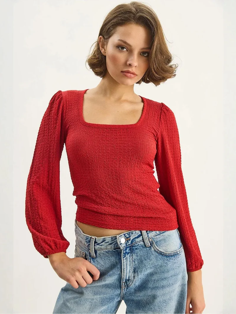 LUCCI Slim Fit Square Collar Textured Blouse