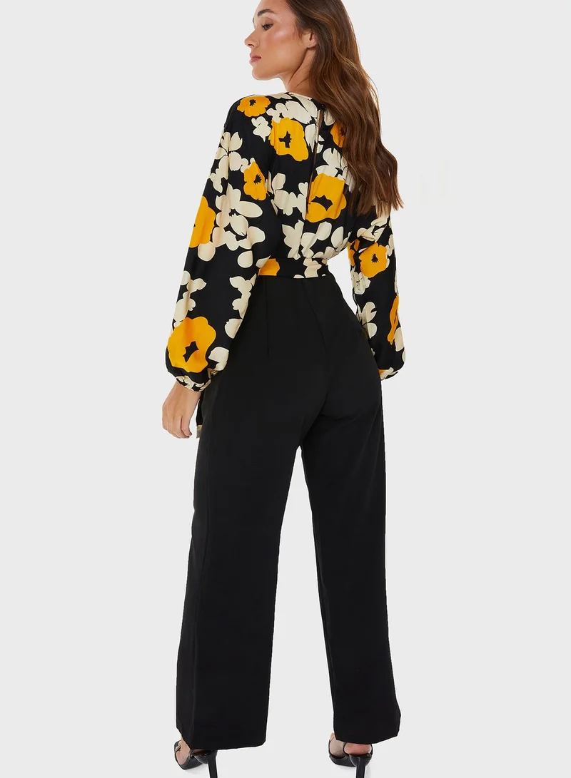 QUIZ Floral Print Puff Sleeve Jumpsuit