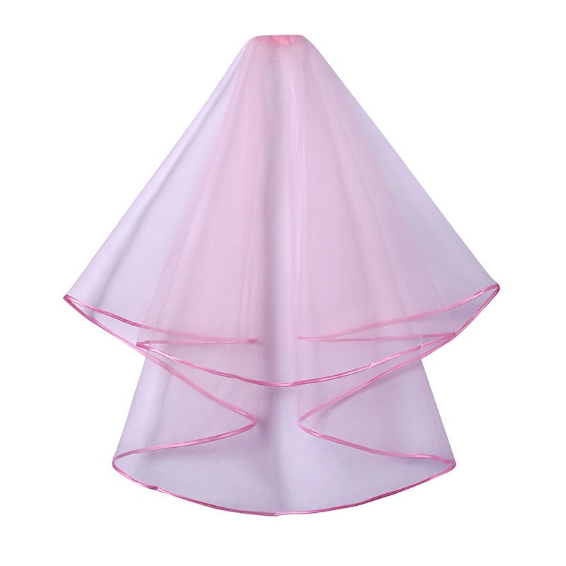 Bridal Double-Layer Satin Ribbon Veil with Hair Comb Pink  - Image 4