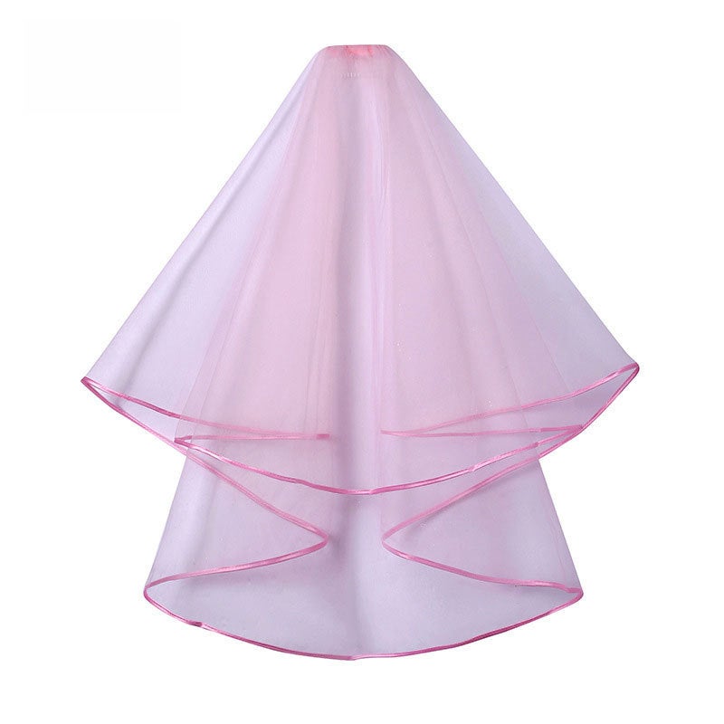Bridal Double-Layer Satin Ribbon Veil with Hair Comb Pink  - Image 1