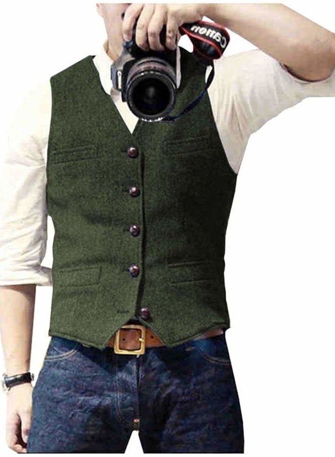 Ceehuteey Mens Suit Vest Waistcoat Tweed Retro V Neck Wool Herringbone for Prom - Image 1