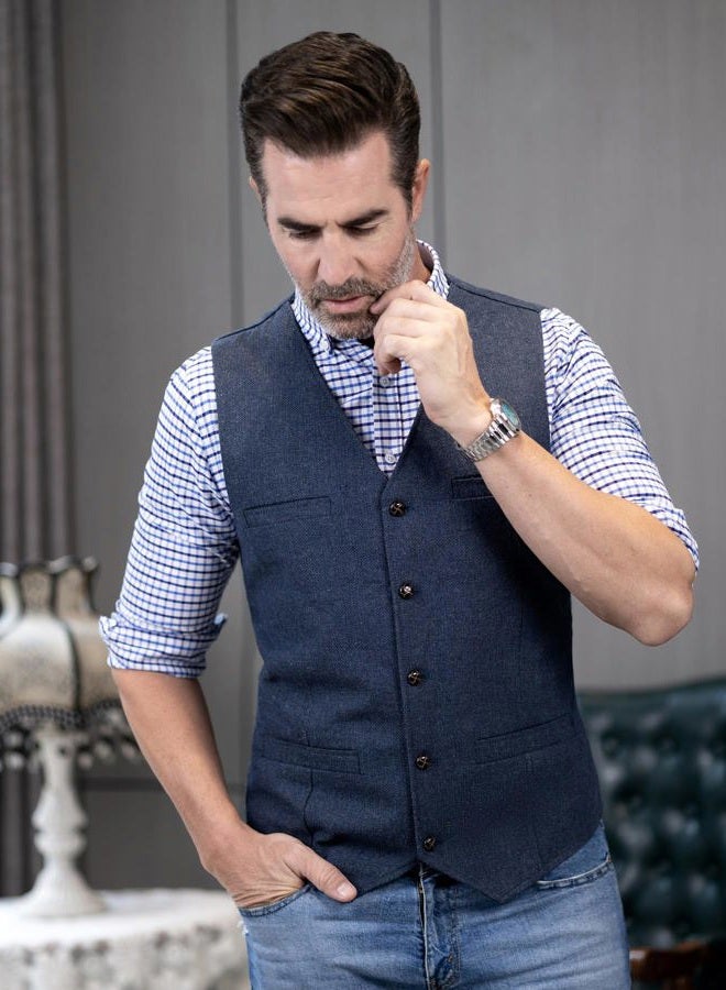 Ceehuteey Mens Suit Vest Waistcoat Tweed Retro V Neck Wool Herringbone for Prom - Image 4