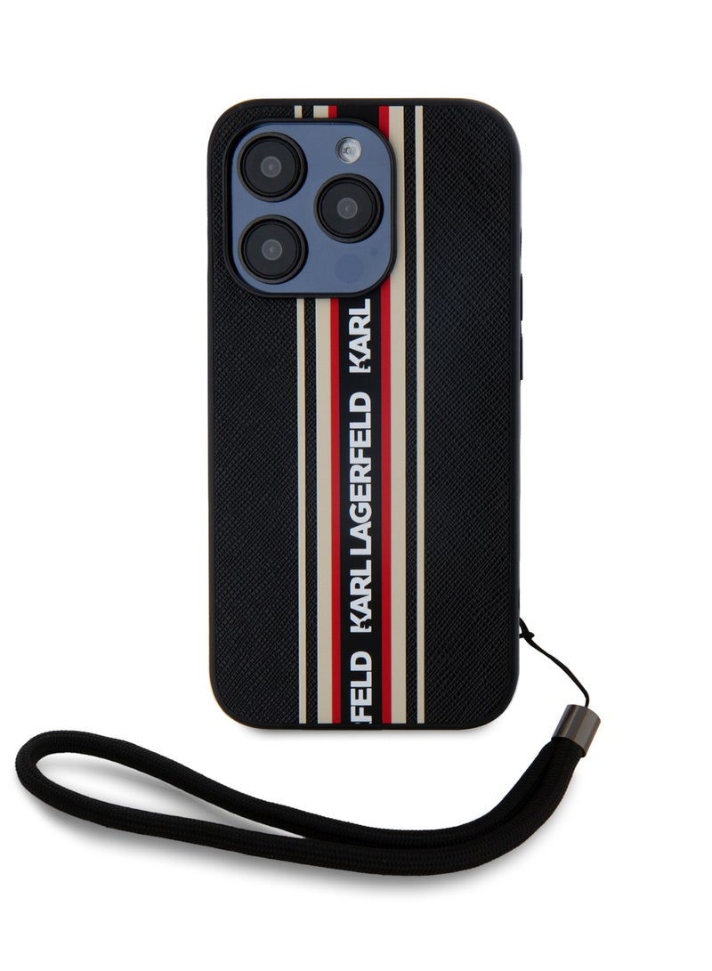 Karl Lagerfeld iPhone 16 Pro PU Hard Case with Athleisure Strips and Wrist Strap / Lightweight / High-Quality Back Cover / Comfortable and Secure Grip Cover - Black - Image 1