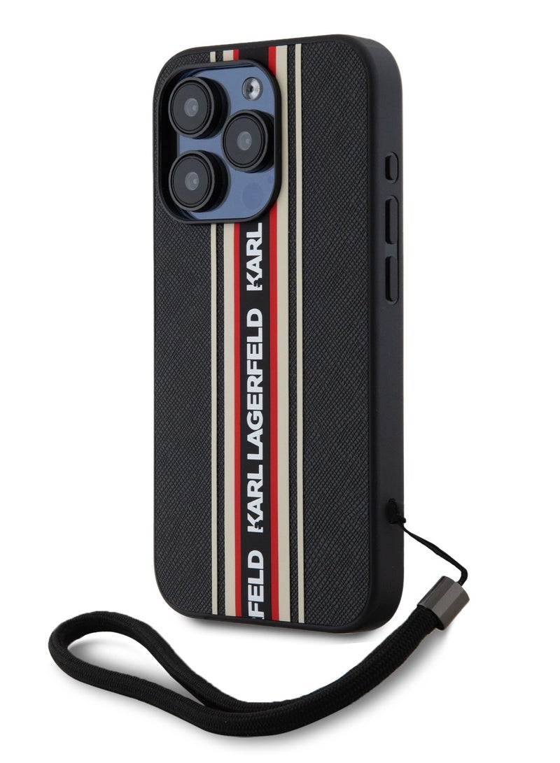 Karl Lagerfeld iPhone 16 Pro PU Hard Case with Athleisure Strips and Wrist Strap / Lightweight / High-Quality Back Cover / Comfortable and Secure Grip Cover - Black - Image 3