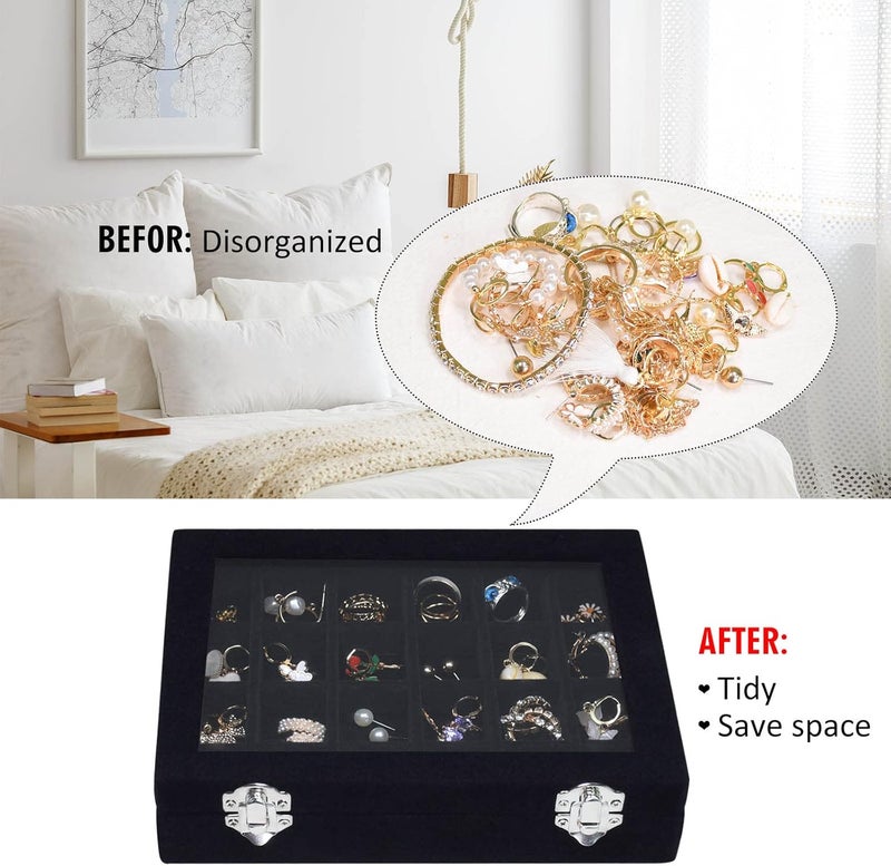 Vicoter Velvet Jewelry Box 24 Grid Jewelry Ring Display Organiser Box Tray Holder Earrings Storage Case for Girls Wife Mom Women (Black) - Image 5
