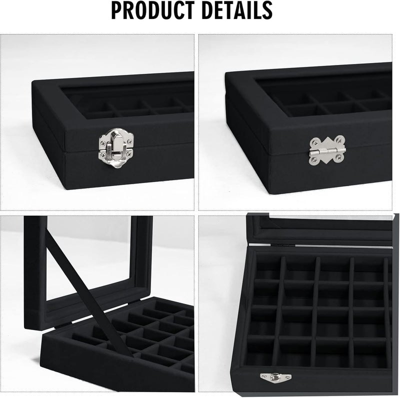 Vicoter Velvet Jewelry Box 24 Grid Jewelry Ring Display Organiser Box Tray Holder Earrings Storage Case for Girls Wife Mom Women (Black) - Image 4